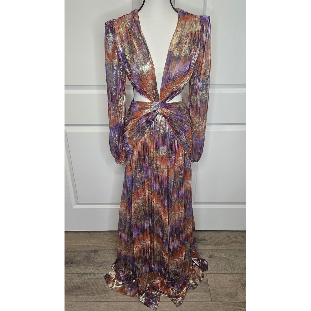 NWT Patbo Tie Dye Lurex Cut Out Maxi Dress Metallic Shimmer Deep Plunge Size 6